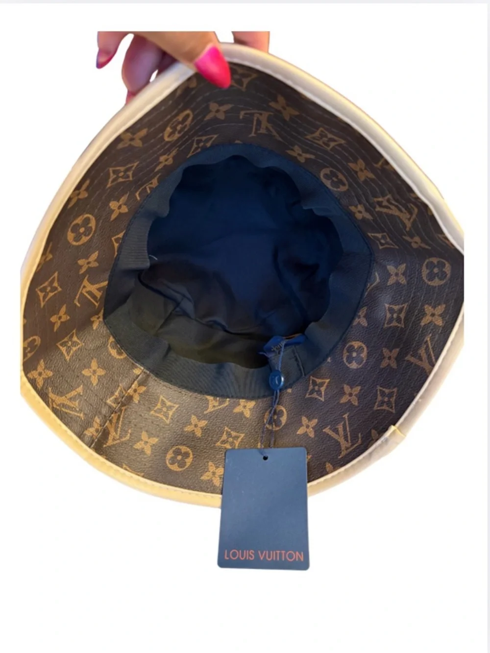HAT: Brown & Beige Polyester Monogram & PU Leather Bucket, NWT